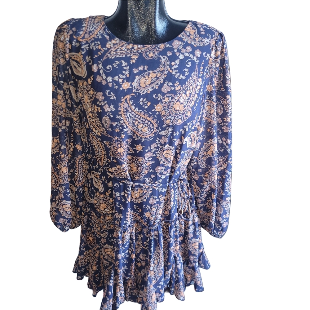 Blush BJ Navy Blue Paisley Print Long Puff Sleeve Ruffled Hem Mini Dress L